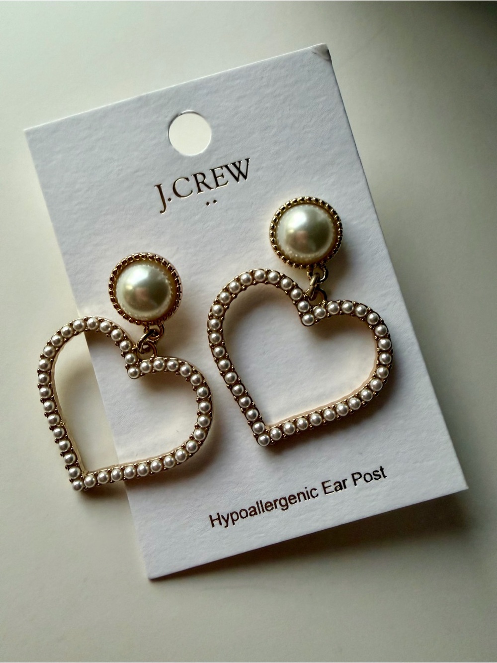 J.Crew Gold Heart Drop Earrings with White Pearls